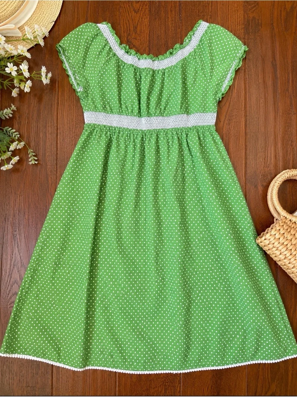 Gap Kids Green Polka Dot Cotton Dress White Trim XXL 14-16 Girls